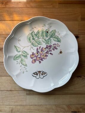 Lenox White Scalloped Serving Plate with Purple Wisteria & Green Leaves